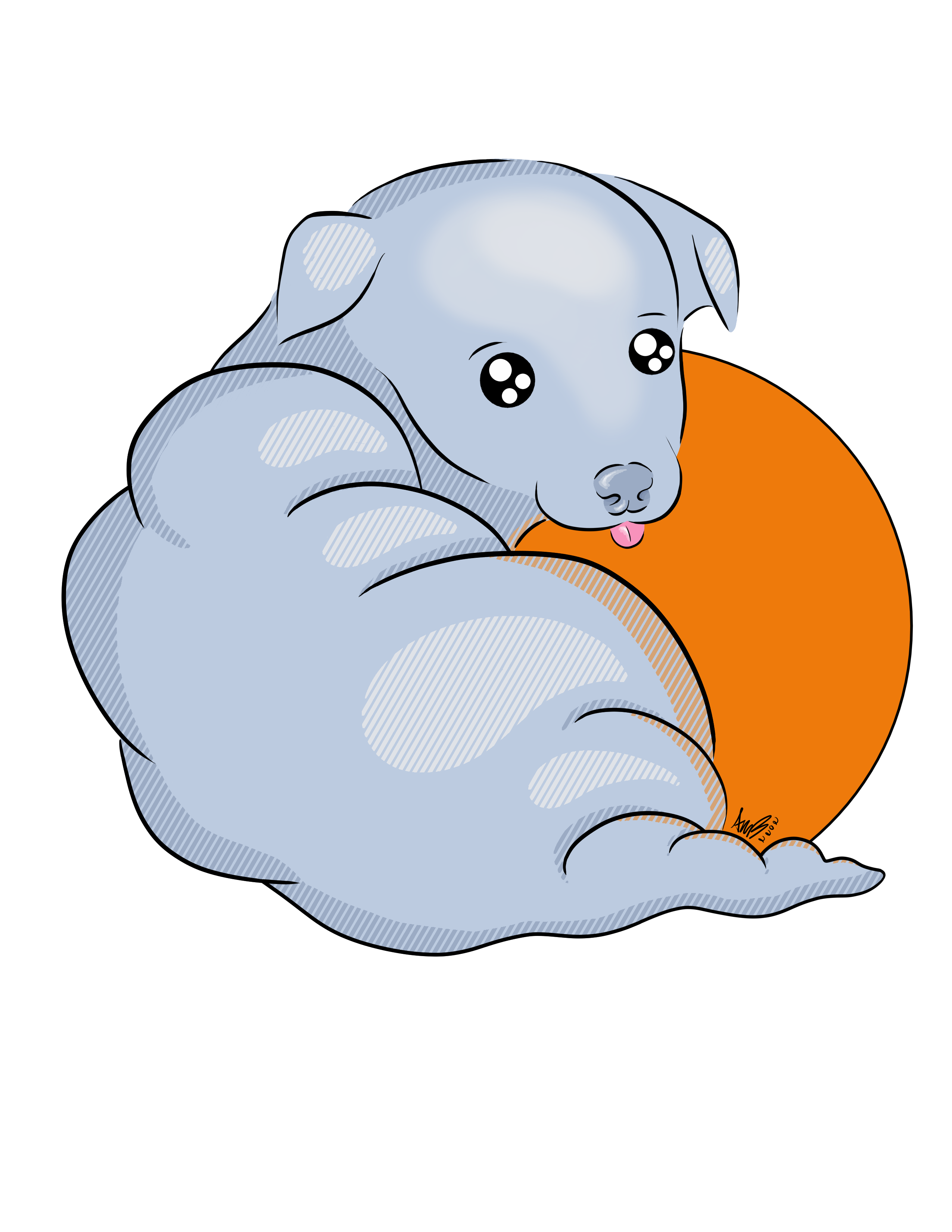 Cloud Puppy Games Logo, a young dog drawn to look like a cloud sticks their tongue out at you, there is a yellow sun behind the cloud puppy.